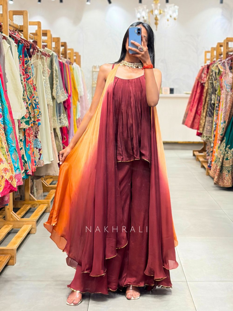 Image of Torvix Maroon Indo Western Palazzo Set with Ombre Dupatta