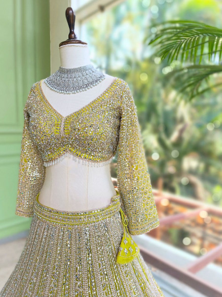 Rivarka Yellow  Mirror and Bead Embroidered Bridal Lehenga