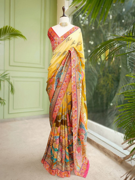 Gulzar Yellow Dola Silk Printed Saree with Brocade Border