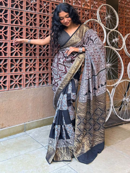 Earthbound Black Dola Silk Ajrakh Printed Saree