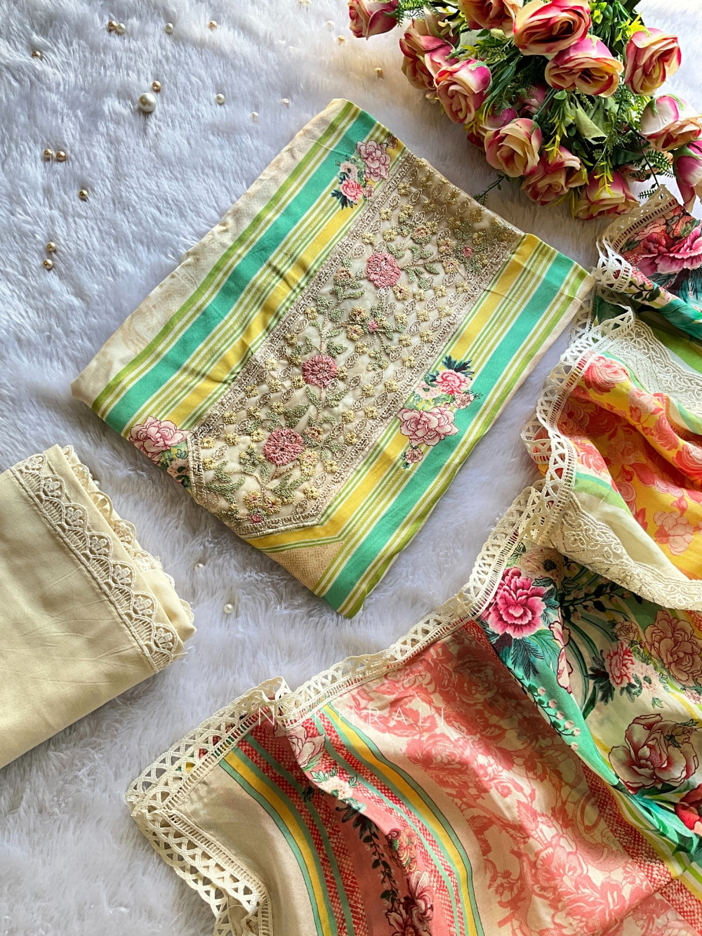 Cream Dress Material with Thread Embroidery Cream Dress Material with Thread Embroidery