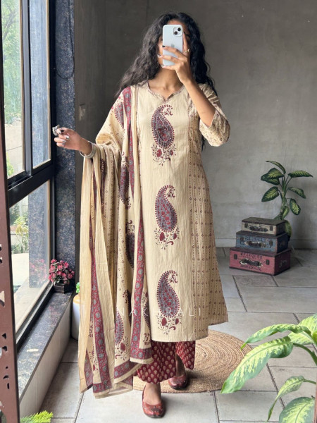 Rangini Red Cotton Suit Set with Paisley Print