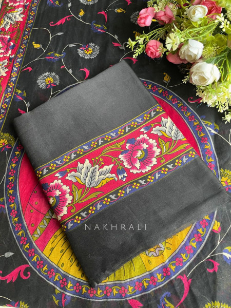Cylora Black Cotton Dress Material with Floral Border Print