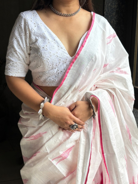 Radhika Chikankari White Elbow Sleeve Blouse with Neckline