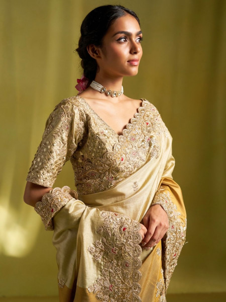 Beige Tissue Dola Silk Saree with Zardozi Border