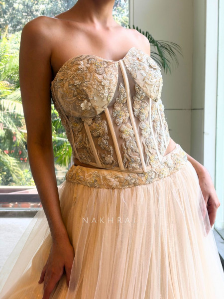 Cazelle Off White Net Indo Western Lehenga with Beads and Sequin Work