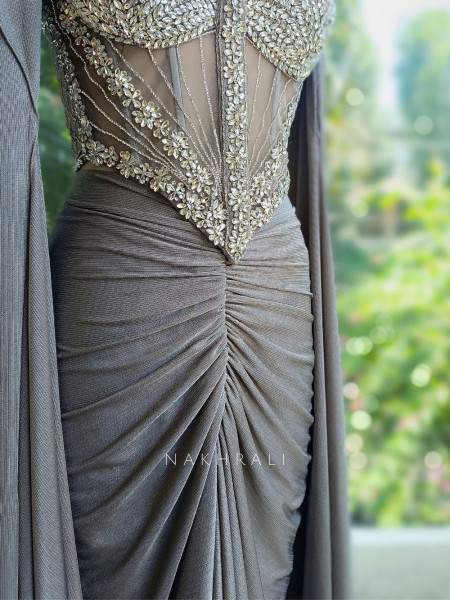 Serene Silver Corset Skirt Set with Stone Embellished Work
