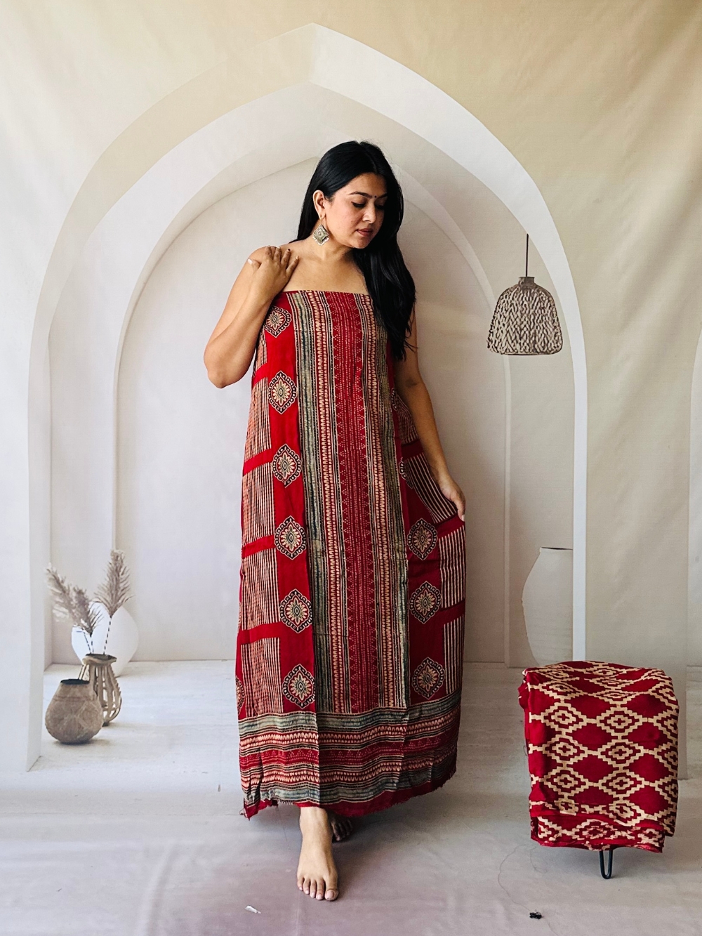 red dress material Kaviraah Red Printed Modal Silk Dress Material