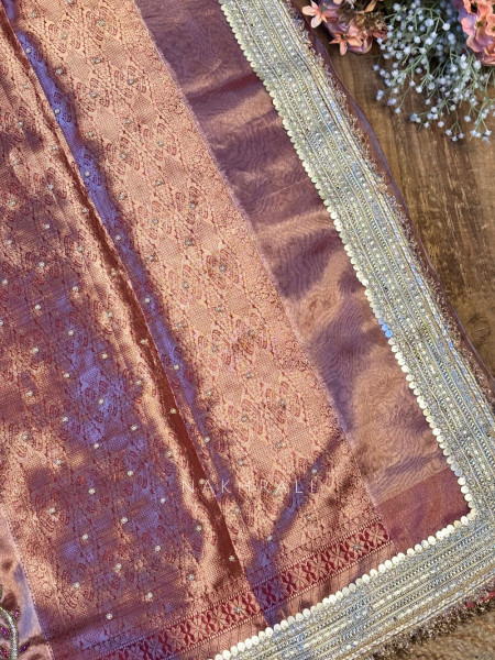 Vraj Ras Wine  Banarasi Tissue Silk Saree – Hand Embroidery & Zari Border