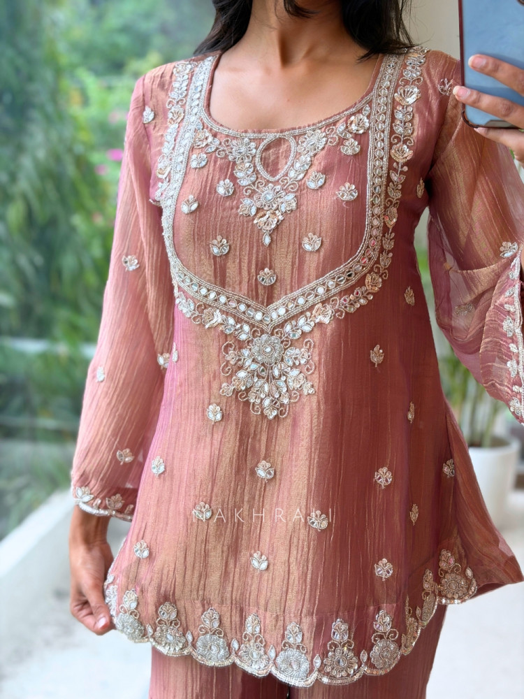Image of Inara Shimmer Pink Crushed Organza Gharara Suit Set