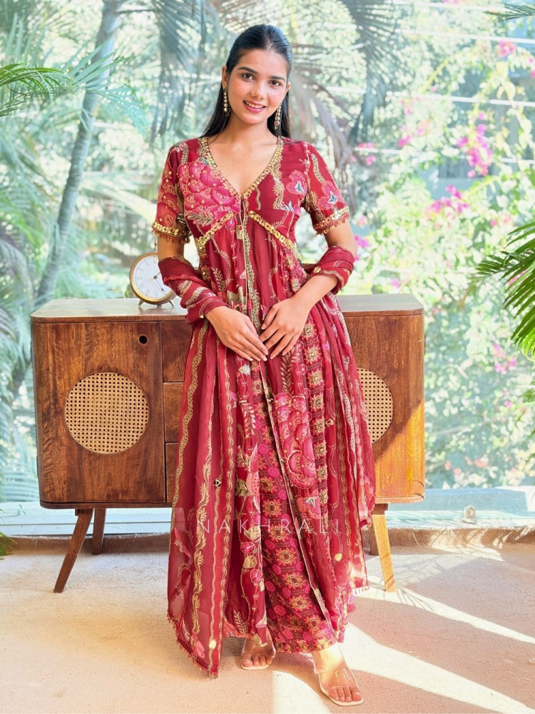 Image of Irene Red Floral Indowestern Palazzo Set with Printed Cape