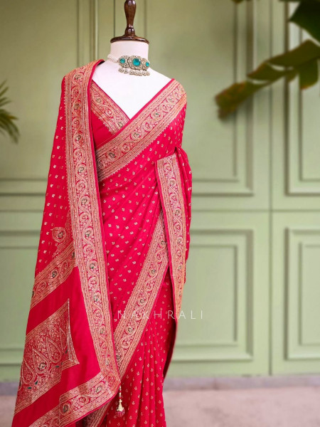 Raaj-Kamal Red Saree with Golden Zari Detailing
