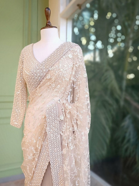 Ivory Sand Embroidered Net Saree with Readymade Blouse