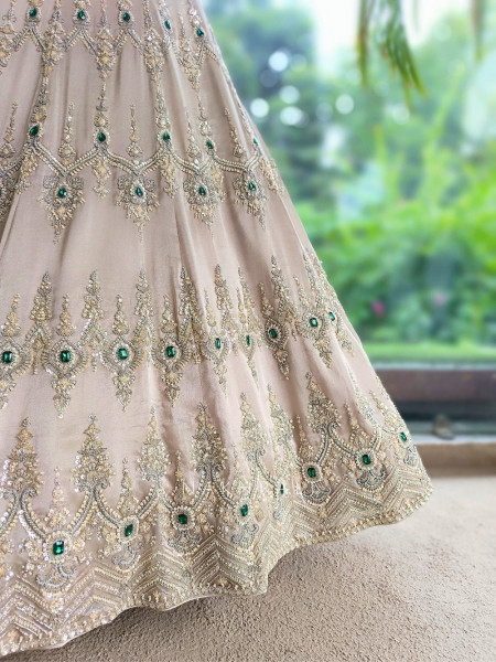 Frost Grey Satin Lehenga With Zardozi, Cutdana & Emerald Kundan Work