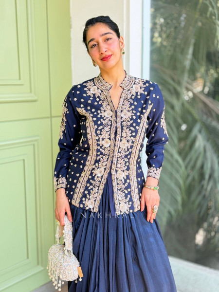 Navy Blue Chiffon Jacket Skirt Set