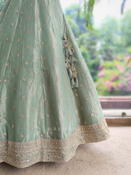 Moonfern Pista Green Crushed Tissue Silk Lehenga Set