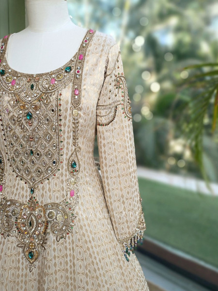 Ratna Cream Banarasi Silk Anarkali Suit Set with Green Border & Zardozi Mirror Work