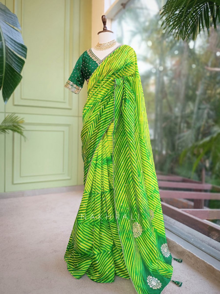 Rangili Green Leheriya Saree with Gota Work Blouse