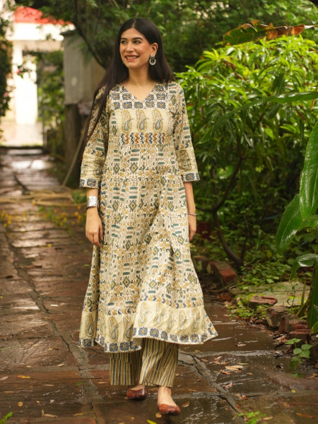 Amrit Cream Cotton Flared Kurta Pant Set