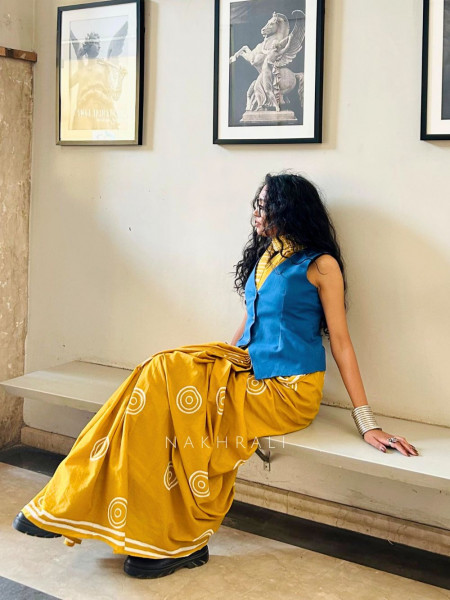 Adaa Yellow Cotton Printed Saree with Koti