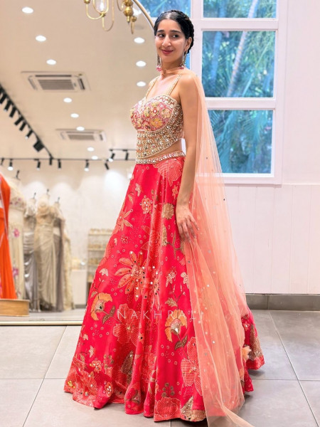 Gulab Magenta Floral Print Lehenga with Mirror Pearl Work