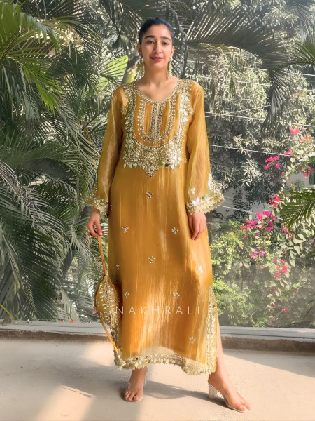 Poise Mustard Tissue Long Dress with Mirror and Zari Work