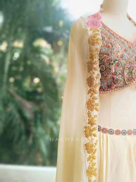 Ivory Crop Top and Skirt Set with Embroidered Cape