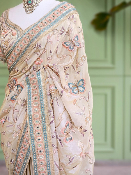 Sia Cream Saree with Butterfly Embroidered Blouse Work