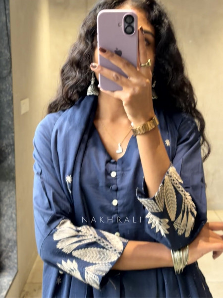 Zoryn Blue Anarkali Kurta Pant Set with Sleeve Embroidery