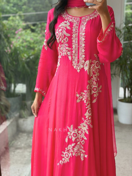 Sorrel Magenta Organza Georgette Layered Sharara Suit Set