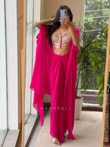 Glimmering  Magenta Georgette Crop Top Dhoti Skirt Set with Cape