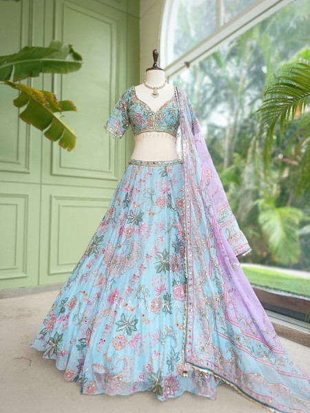 Ethereal Firozi Organza Silk Lehenga Set