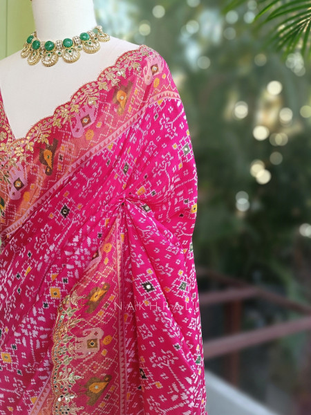 Zoraya Pink Patola Saree with Elephant Motif Border