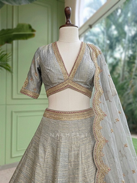 Mehrab-Noor Grey Tussar Lehenga