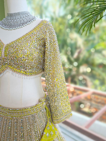 Rivarka Yellow  Mirror and Bead Embroidered Bridal Lehenga