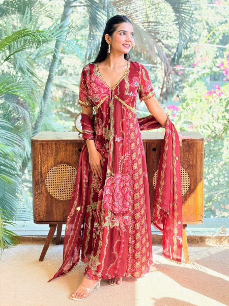 Irene Red Floral Indowestern Palazzo Set with Printed Cape