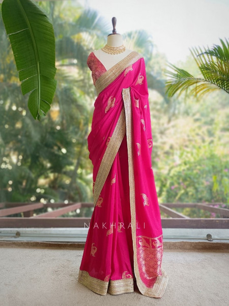 Tavira Magenta Saree with Broad Border and Unstitched Blouse Piece