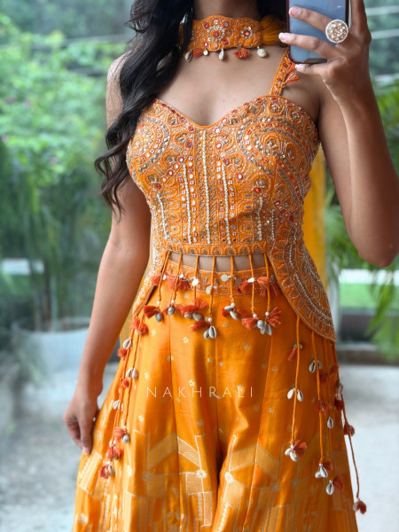 Tangerine Orange Banarasi Brocade Sharara Set with Cowrie Shell Blouse