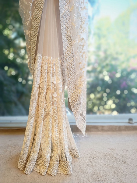 Ivory Sand Embroidered Net Saree with Readymade Blouse