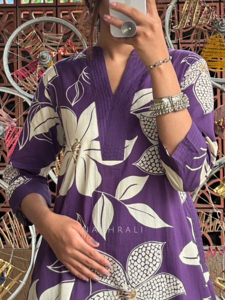 Floral Purple Cotton Pant Kurta Set with Pockets