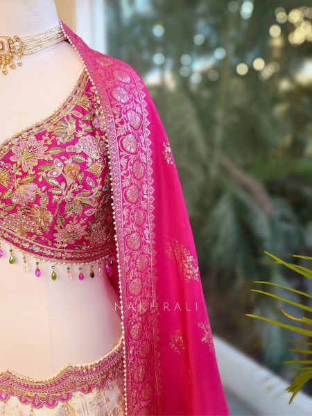 Marvena Magenta White Brocade Lehenga Set with Embroidery Work