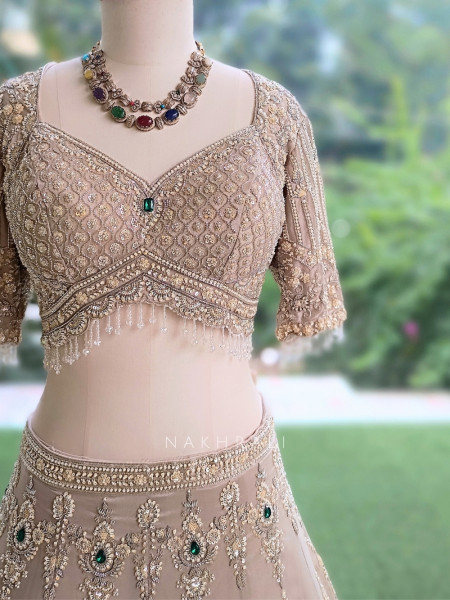 Frost Grey Satin Lehenga With Zardozi, Cutdana & Emerald Kundan Work