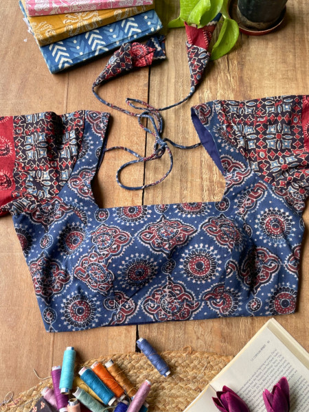 Sutr-rang Navy Blue Blouse Mixed Print Detail