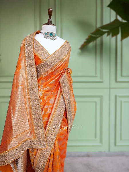 Kanakrekha Orange Banarasi Katan Silk Saree with Zari Jaal and Sequin Border