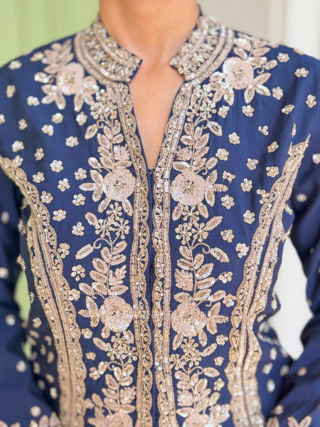 Navy Blue Chiffon Jacket Skirt Set