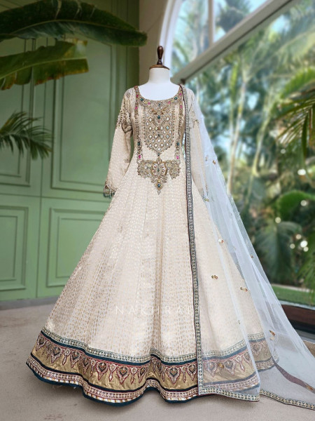 Ratna Cream Banarasi Silk Anarkali Suit Set with Green Border & Zardozi Mirror Work
