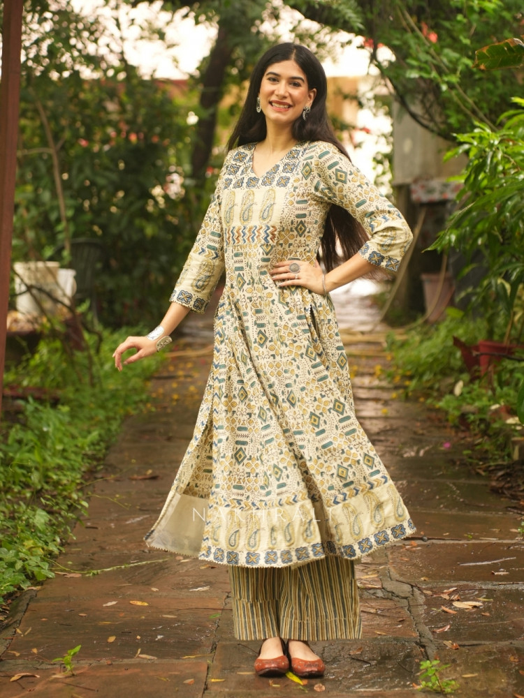 Image of Amrit Cream Cotton Flared Kurta