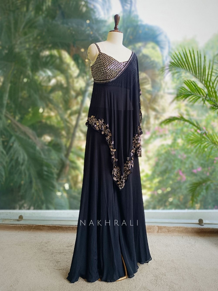 Image of Ebon Grace Black Georgette Kaftan Set with Sequin Detail