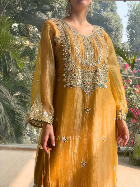 Poise Mustard Tissue Long Dress with Mirror and Zari Work