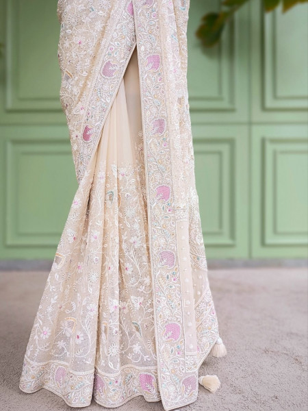 Keki Bloom Cream Chikankari  Saree With Running Blouse Piece Chikankari